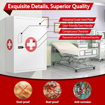 Wall-Mount Locking Medicine Cabinet: Large Metal Storage Organizer Box with Combination & Key Lock - Secure First Aid Medicine Cabinet for Bathroom Home Office(20.6" H x 15.75" W x 5.98" D)
