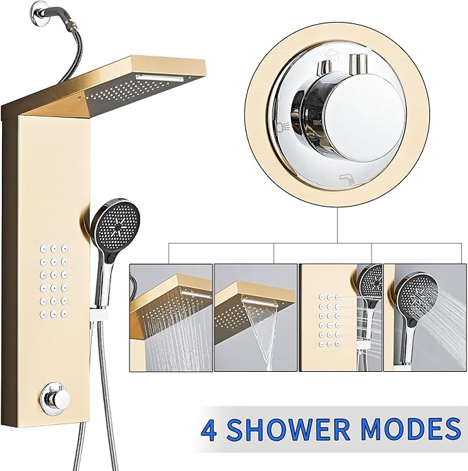 Shower Panel Tower System,Rain Shower Head Rainfall Waterfall Shower,Handheld High Pressure Rain Massage System(Gold)