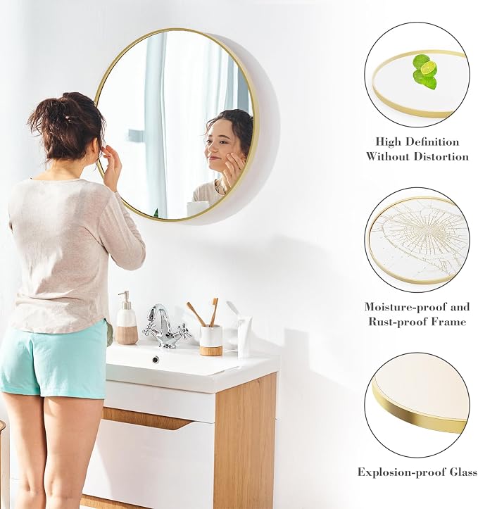Sweetcrispy 28 Inch Round Wall Mirror, Bathroom Mirror for Over Sink