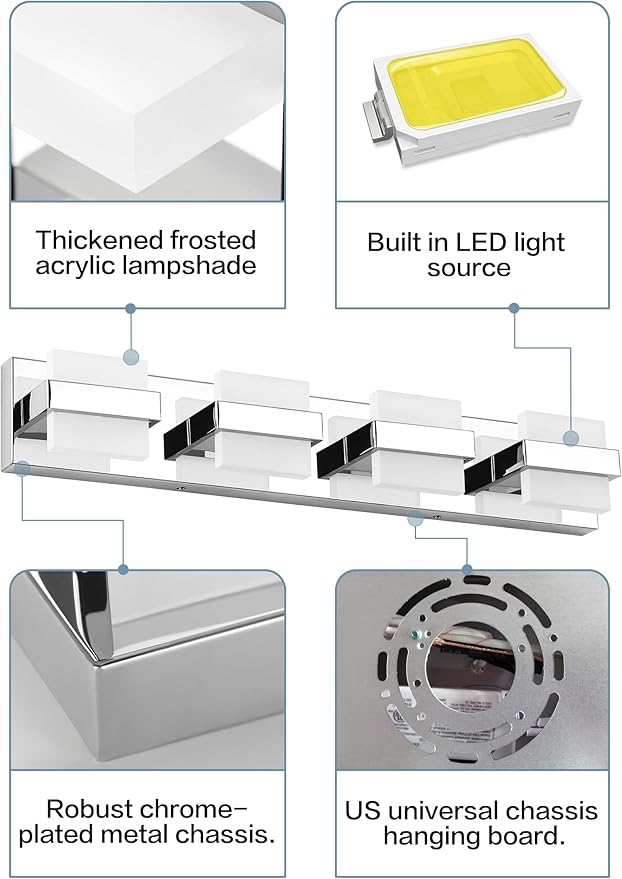 SOLFART Chrome Vanity Light Fixture, Bathroom Light Fixture Over Mirror, 4 Lights Vanity Lighting, Modern LED Bathroom Vanity Lighting, Easy Install Dimmable