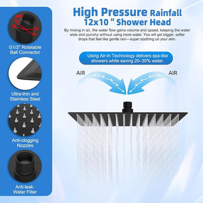 12" Metal Rain Shower Head with Handheld, 10-Mode with Filter, Easy Reach | Black High-Pressure Rainfall Showerhead, Upgraded 4-Way Diverter Pause Mode, Adjustable 16" Extension Arm/71" Hose/Holder
