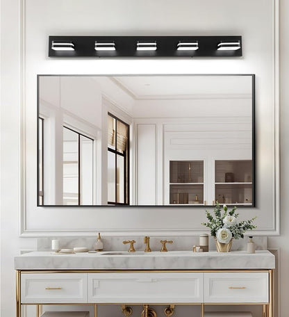 Modern LED Bathroom Vanity Light - 30W Dimmable Matte Black 5-Light Fixture, 40" Long Wall Light, Day Light 5500K, 110V AC