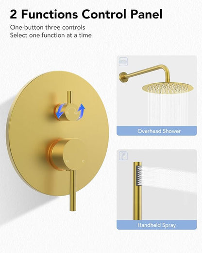 10" High-Pressure Rainfall Shower System with Handheld Spray, Wall Mount Bathroom Shower Faucet Set (Brushed Gold)