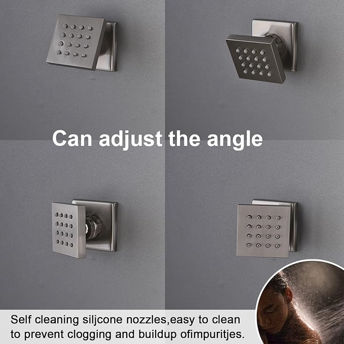 16X26 inch Shower System Brushed Nickel Shower Head and Handle Set | Temperature Display Shower Faucet with Dual 8 inch Shower Head, 6 Body Jet, Handheld Shower, 5 Functions Can All Run Together