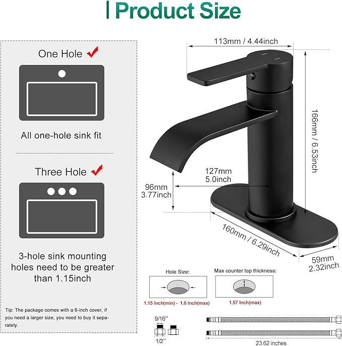 VOTON Black Bathroom Faucets, Single Handle Bathroom Sink Faucet Modern Waterfall Bathroom Faucet 1 or 3 Holes with Deck Plate, Rv Camper Farmhouse Bathroom Utility Remodel Mixer Tap Washbasin Faucet