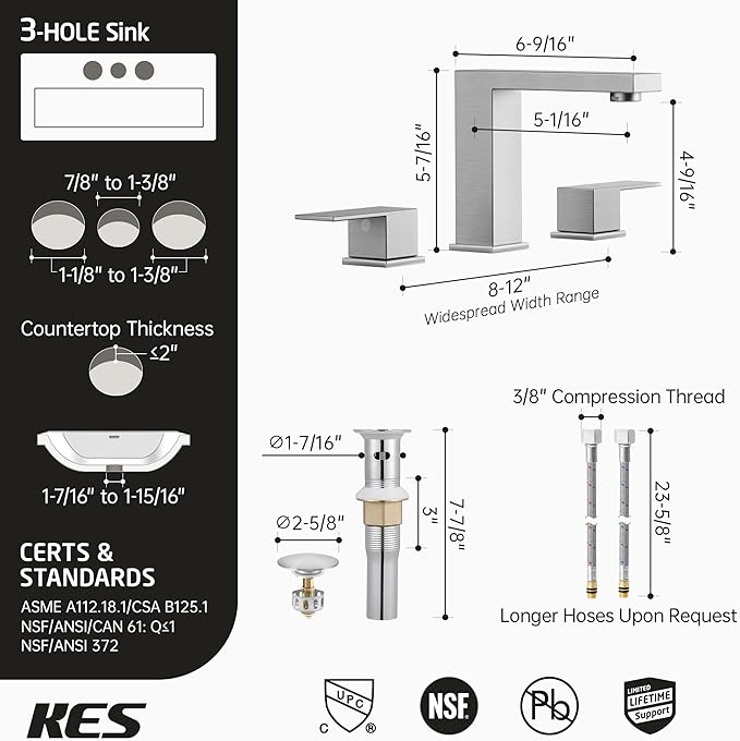KES Brushed Nickel Bathroom Faucet 3 Hole, 8-Inch Widespread Bathroom Sink Faucet with Metal Bathroom Sink Drain with Overflow, Vanity Faucet with cUPC Supply Line, L4350LFF12-BS-C1