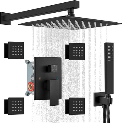 gotonovo Rainfall Shower System with Full Body Jets 4pcs Matte Black | 12’’ Rainfall Shower Head with Handheld Spray Combo,Wall Mount,Rough-in Valve and Trim Kit,Brass Body Message Jets,All Metal