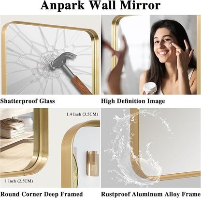 Anpark Gold Metal Deep Frame Mirror - 30" x 48" Rectangular Wall Mounted Vanity Mirror for Bathroom, Bedroom, Living Room & Entryway Decor