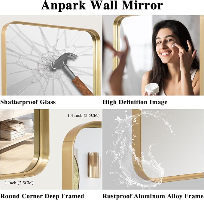 Anpark Wall Mirror 24" x 36" Gold Metal Deep Frame Mirror for Wall Decorative Rectangular Round Corner Wall Mounted Vanity Mirror for Bathroom Living Room Bedroom Entryway Wall Decor