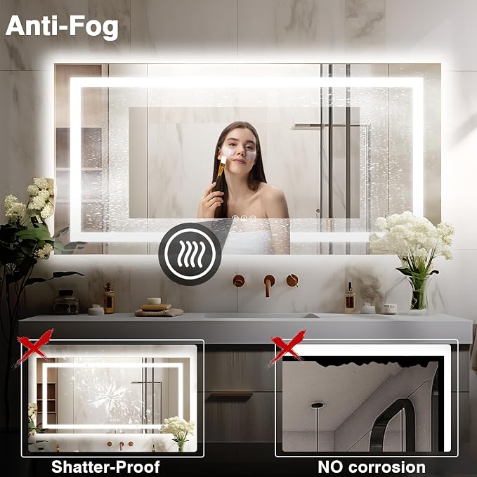 EchosLife 72"x40" Large LED Bathroom Mirror with Lights | Backlit + Front Lit, Anti-Fog, Stepless Dimmable, 3 Colors, Memory, Tempered Glass, UL Listed, Horizontal/Vertical