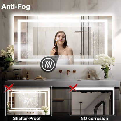 EchosLife 72"x40" Large LED Bathroom Mirror with Lights | Backlit + Front Lit, Anti-Fog, Stepless Dimmable, 3 Colors, Memory, Tempered Glass, UL Listed, Horizontal/Vertical