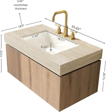 KEIKI 36 Inch Floating Bathroom Vanity with Sink, Modern Wall Mounted Storage Cabinet with Drawer, Pre-assembled Waterproof Wood Panels, Sintered Stone Top & Ceramic Basin Combo Set, White Oak & Beige