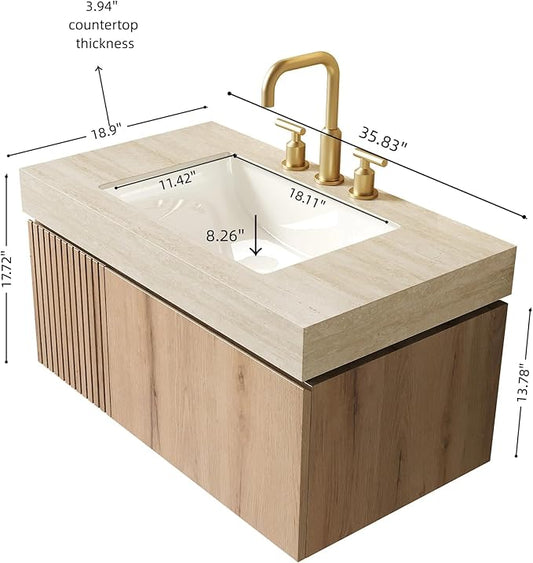 KEIKI 36 Inch Floating Bathroom Vanity with Sink, Modern Wall Mounted Storage Cabinet with Drawer, Pre-assembled Waterproof Wood Panels, Sintered Stone Top & Ceramic Basin Combo Set, White Oak & Beige