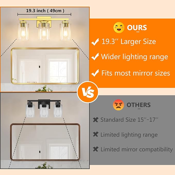 19” Bathroom Light Fixtures Over Mirror, 3-Light Gold Vanity Light | Square Clear Glass & Durable Metal, Quick & Easy Installation, Standard E26 Socket, Bright Bathroom Lighting