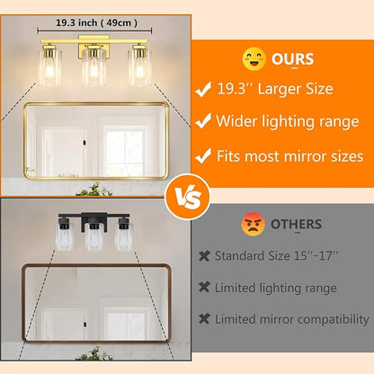 19” Bathroom Light Fixtures Over Mirror, 3-Light Gold Vanity Light | Square Clear Glass & Durable Metal, Quick & Easy Installation, Standard E26 Socket, Bright Bathroom Lighting