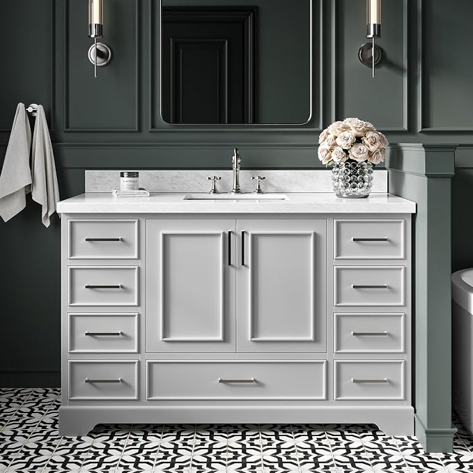 DKB Langford 54-inch Grey Bathroom Vanity with Center Rectangle Single Sink, Italian Carrara Marble Countertop & Backsplash, Solid Wood Frame, Soft-Closing & Dovetail Drawers