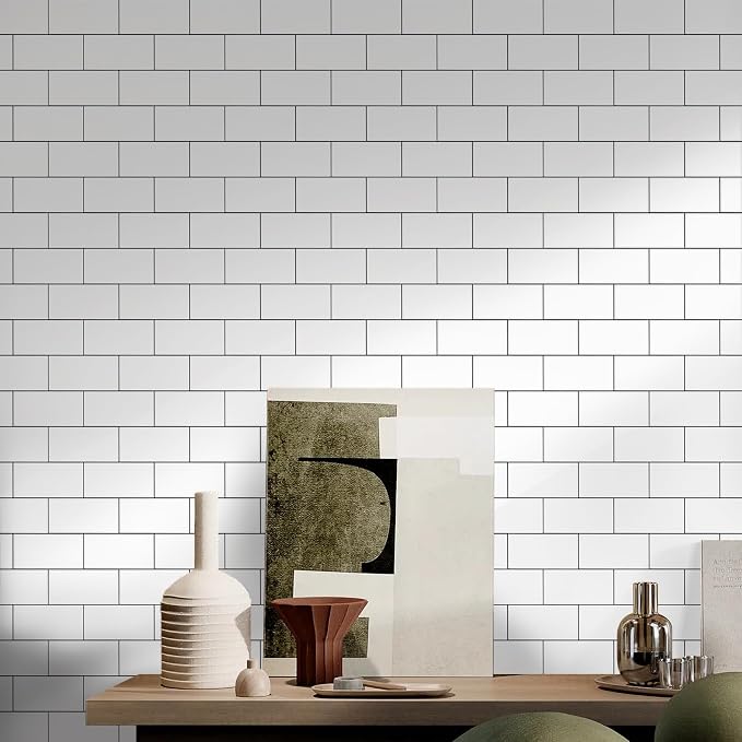 Vamos Tile White Peel and Stick Backsplash, Glossy 3''x6'' PVC Subway Tile | 4-Piece White Subway Tile with Dark Gray Grout,Stick on Backsplash for Kitchen/Bathroom/Fireplace/Laundry/Camper