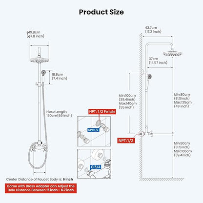 gotonovo Exposed Bathroom Shower Faucet Set Shower Fixture 8 Inch Rainfall Shower Head Handheld Shower Cross Handle Wall Mount 2 Functions Antique Brass