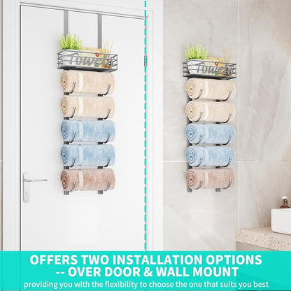 HapiRm Towel Racks for Bathroom Storage - 6 Tier Over The Door & Wall Mount Rolled Towel Storage Organizer Holder with Metal Shelf Basket for Small Bathroom, Camper, Rv - Sliver, Patented