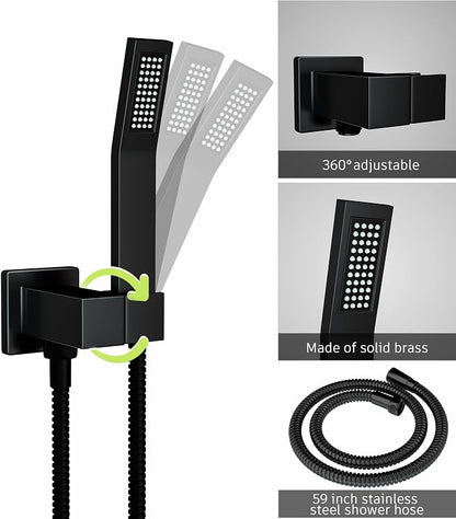 Matt Black Shower Faucet Set with Handheld, 12 inch | Air Injection High Pressure Bathroom Shower System, Solid Metal Wall Mount Anti-Scald Water Saving Rainfall Shower Set Combo