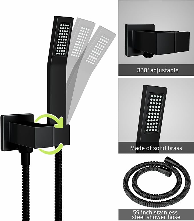 Matt Black Shower Faucet Set with Handheld, 10 inch | Air Injection High Pressure Bathroom Shower System, Solid Metal Wall Mount Anti-Scald Water Saving Rainfall Shower Set Combo