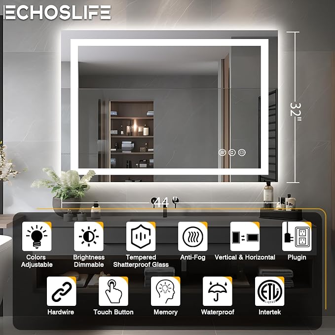 EchosLife 44"x32" Bathroom Mirror with LED Lights | Backlit + Front Lit, Anti-Fog, Stepless Dimmable, 3 Colors, Memory, Tempered Glass, UL Listed, Horizontal/Vertical