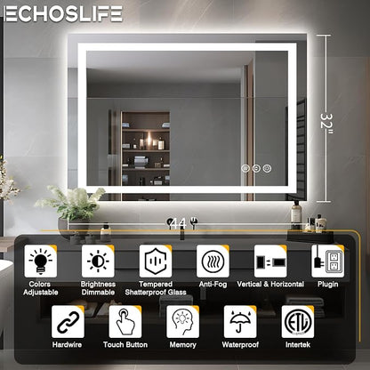EchosLife 44"x32" Bathroom Mirror with LED Lights | Backlit + Front Lit, Anti-Fog, Stepless Dimmable, 3 Colors, Memory, Tempered Glass, UL Listed, Horizontal/Vertical