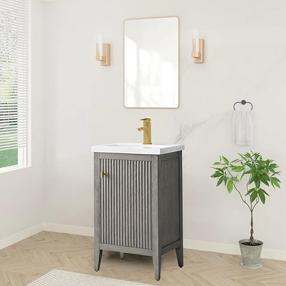 HOMEBEYOND 20" Bathroom Vanity with Ceramic Sink, Solid Wood Free-Standing Vanities Cabinet, Ceramic Top, Golden Brushed Handware & Soft Closing Door, Driftwood Gray