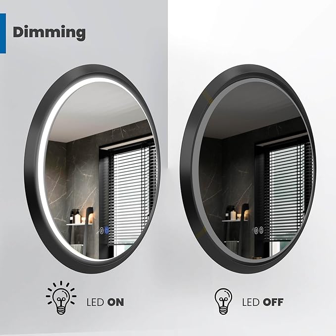 24 Inch Round LED Mirror for Bathroom, Black Metal Frame Lighted Vanity Mirror with 3 Color Modes, Touch Dimmer - Anti-Fog Wall Mounted Circle Mirror with Lights - Fab Glass and Mirror