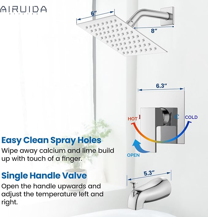 Airuida 6 Inch Shower Faucet Set,Bathtub Faucet Kit,Chrome Polish | Shower Tub Faucet Set,Male Threads Rough-In Valve,Square Head Shower System