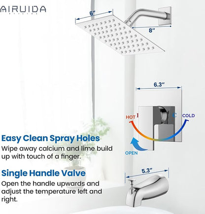 Airuida 6 Inch Shower Faucet Set,Bathtub Faucet Kit,Chrome Polish | Shower Tub Faucet Set,Male Threads Rough-In Valve,Square Head Shower System