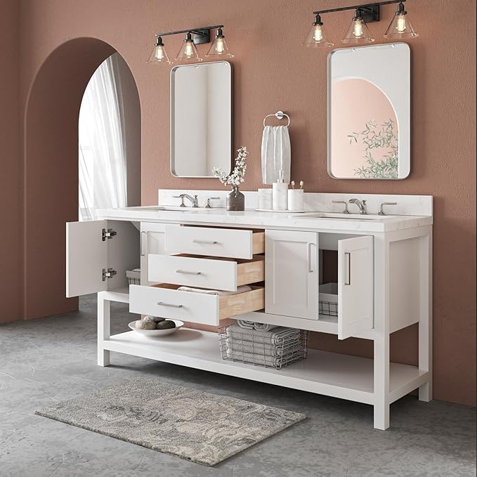 ARIEL Magnolia 72-inch Bathroom Vanity with Sink,Solid Wood, 1.5-inch Carrara White Quartz Countertop, Double Rectangular Porcelain Sink, 4 Soft Closing Doors, 3 Dovetail Drawers, White