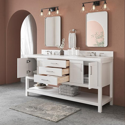 ARIEL Magnolia 72-inch Bathroom Vanity with Sink,Solid Wood, 1.5-inch Carrara White Quartz Countertop, Double Rectangular Porcelain Sink, 4 Soft Closing Doors, 3 Dovetail Drawers, White