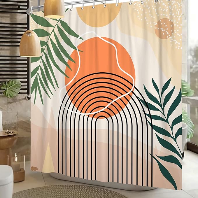 Boho Abstract Mid Century Shower Curtain Set - Geometric Leaves Neutral Modern - Green Plant Eucalyptus - Arch Sun Bathroom Curtain - 72x72 Inch