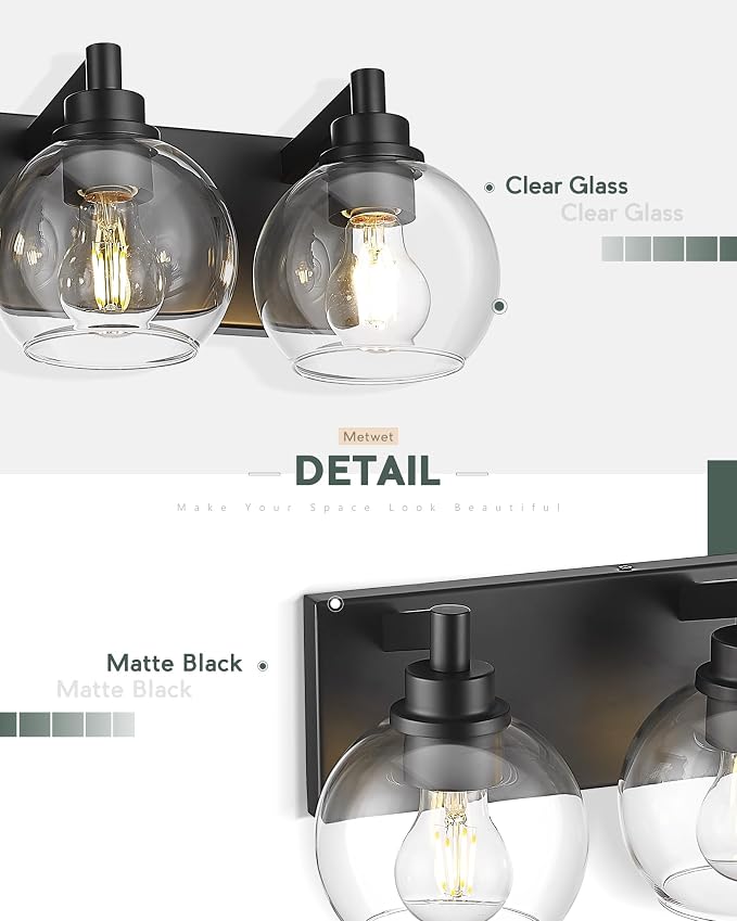 5-Light Matte Black Bathroom Vanity Light, Clear Glass Globe Shade | 32" modern bathroom light fixtures over mirror, E26 base, bulbs not included, VL195-MB-CL-5