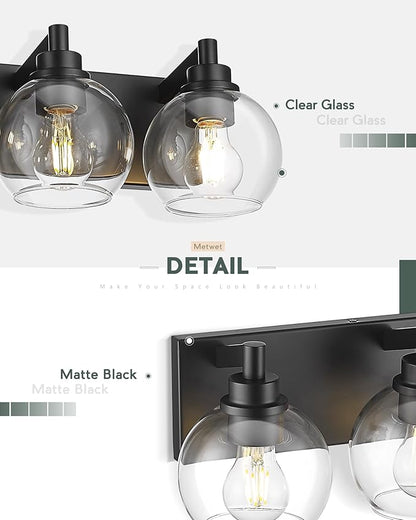 Bathroom Light Fixtures, 6 Light Matte Black Vanity Light, 38 Inch Modern Wall Sconces with Globe Clear Glass Shade, Vanity Lighting Fixtures Over Mirror, VL195-MB-6