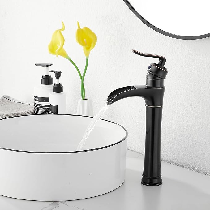 Oil Rubbed Bronze Bathroom Vessel Faucet GGStudy Single Handle One Hole Waterfall Farmhouse Bathroom Vessel Sink Faucet Matching with Pop Up Drain