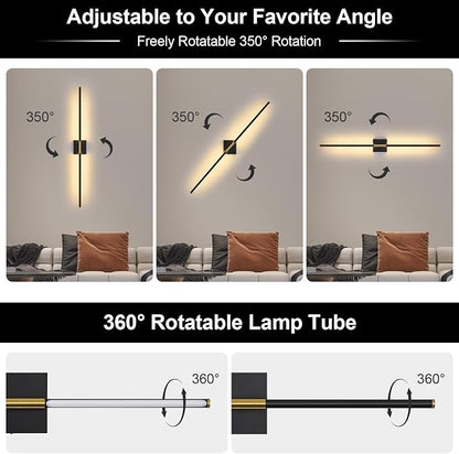 Battery Operated Wall Sconce Set of Two with Remote Control, 3000K-6000K Dimmable Black Gold Wall Lights, Timable LED Wireless Wall Sconces, 350° Ratate for Bathroom, Living Room, 39.4 Inch