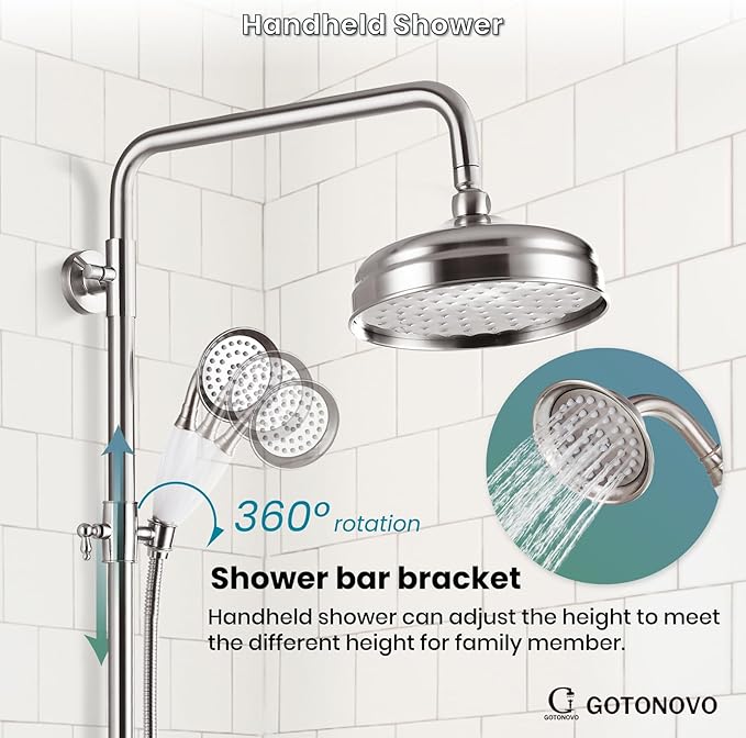 gotonovo Luxury Exposed Shower Faucet Set Bathroom Shower System 8 Inch Wall Mount Rainfall Shower Head with Handheld Spray Cross Double Handle Shower Fixture Adjustable Straight Rod Brushed Nickel