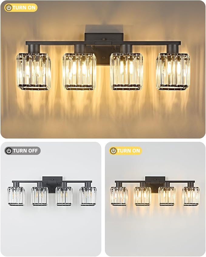 4-Light Bathroom Light Fixtures, Modern Black Crystal Wall Light for Bathroom,Lighting Fixtures Over Mirror