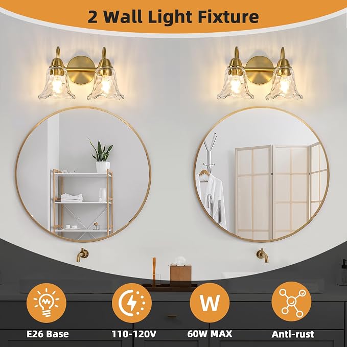 Bathroom Light Fixtures Over Mirror, 2 Lights Vintage Wall Sconces with Hammered Glass Shade, 12.6" Gold Bathroom Wall Light Fixtures for Bedroom, Porch, Hotel, Mirror Cabinet