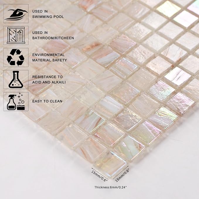 5.75 Sq.Ft Iridescent Pink Glass Mosaic Tile for Bathroom, Backsplash | Waterproof Wall & Floor Tile. Heat & frost resistant outdoors, Swimming Pool, Fireplace, Restaurants, Hotels, Laundry, 10pcs.