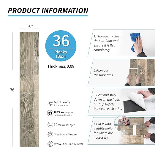 Art3d 36-Pack Wood Texture Peel and Stick Vinyl Flooring Tiles, Aged Wood | 18 & 54 sq.ft Options, Rigid Surface Hard Core, Waterproof, Self-Adhesive, Impact Resistant, Fit Indoor Household Spaces
