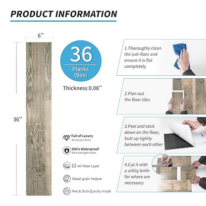 Art3d 36-Pack Wood Texture Peel and Stick Vinyl Flooring Tiles, Aged Wood | 18 & 54 sq.ft Options, Rigid Surface Hard Core, Waterproof, Self-Adhesive, Impact Resistant, Fit Indoor Household Spaces