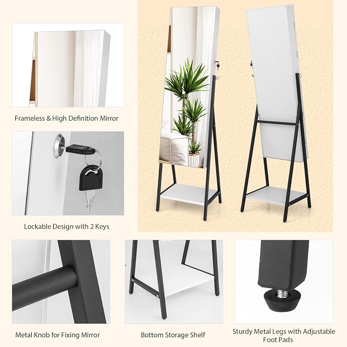 CHARMAID Standing Jewelry Armoire with Full Length Mirror, Lockable Jewelry Cabinet Organizer with Lights, 3 Lighting Modes, Foldable Makeup Tray, Storage Drawers & Shelves (White)