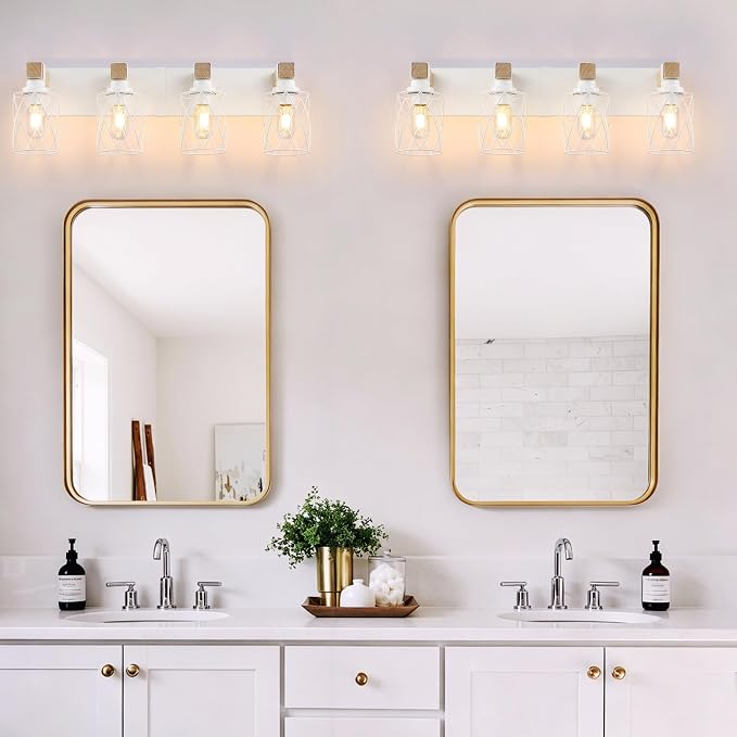 Farmhouse 4-Light Wood Bathroom Vanity Light, White Metal Cage Shade