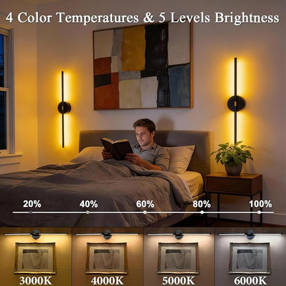 Battery Operated Wall Sconce Set of 2: 10000mAh Wireless Sconces Rechargeable Wall Lights with Touch and Remote, 360° Rotate Cordless Wall Lamp for Bedroom Living Room Hallway, 31.5 Inch, Black