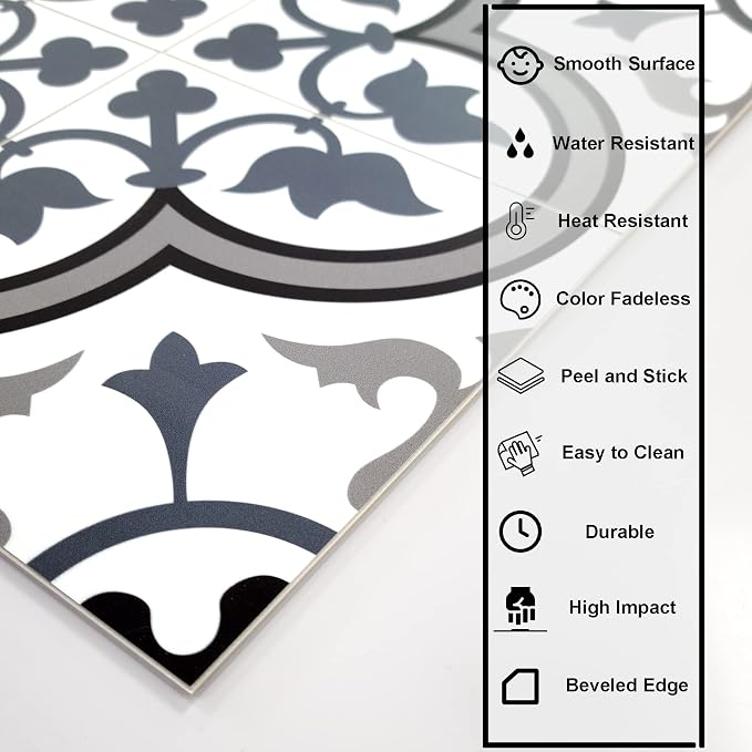 The Tiles Plaza Encaustic Peel and Stick Backsplash, Blue and White Patterned Vintage Stick on Tile, Stone Composite Self-Adhesive Wall Tile Sticker for Kitchen Bathroom Fireplace Stairs, 10 Sheets