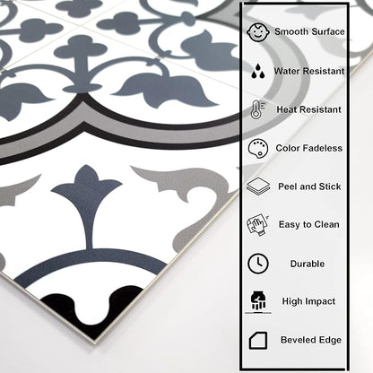 The Tiles Plaza Encaustic Peel and Stick Backsplash, Blue and White Patterned Vintage Stick on Tile, Stone Composite Self-Adhesive Wall Tile Sticker for Kitchen Bathroom Fireplace Stairs, 10 Sheets