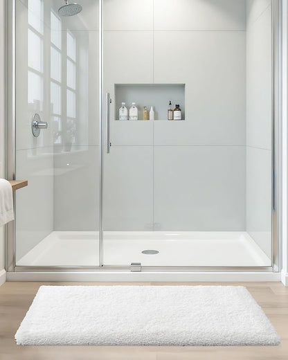 ILANGO White Bathroom Rugs 32" × 20" Non Slip & Super Absorbent Extra Thick Soft, Washable Bath Mat for Floor, Microfiber Plush Shaggy Bath Rug with Rubber for Bathtub Shower Room Sink